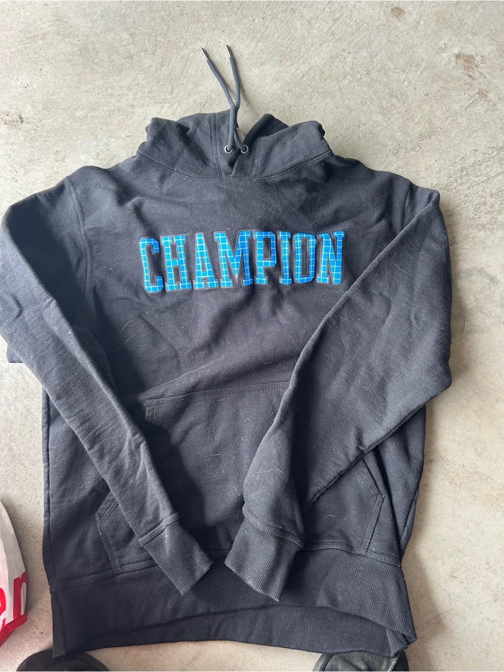 Champion Black Hoodie with Blue and Red Trim